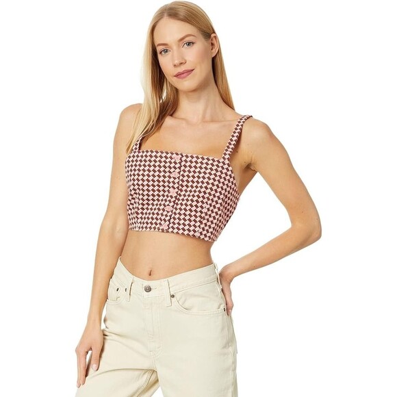 Levi's Geometric Checkered Crop MED Pink Brown Knit Retro Y2K Button Front Tank - Picture 2 of 16